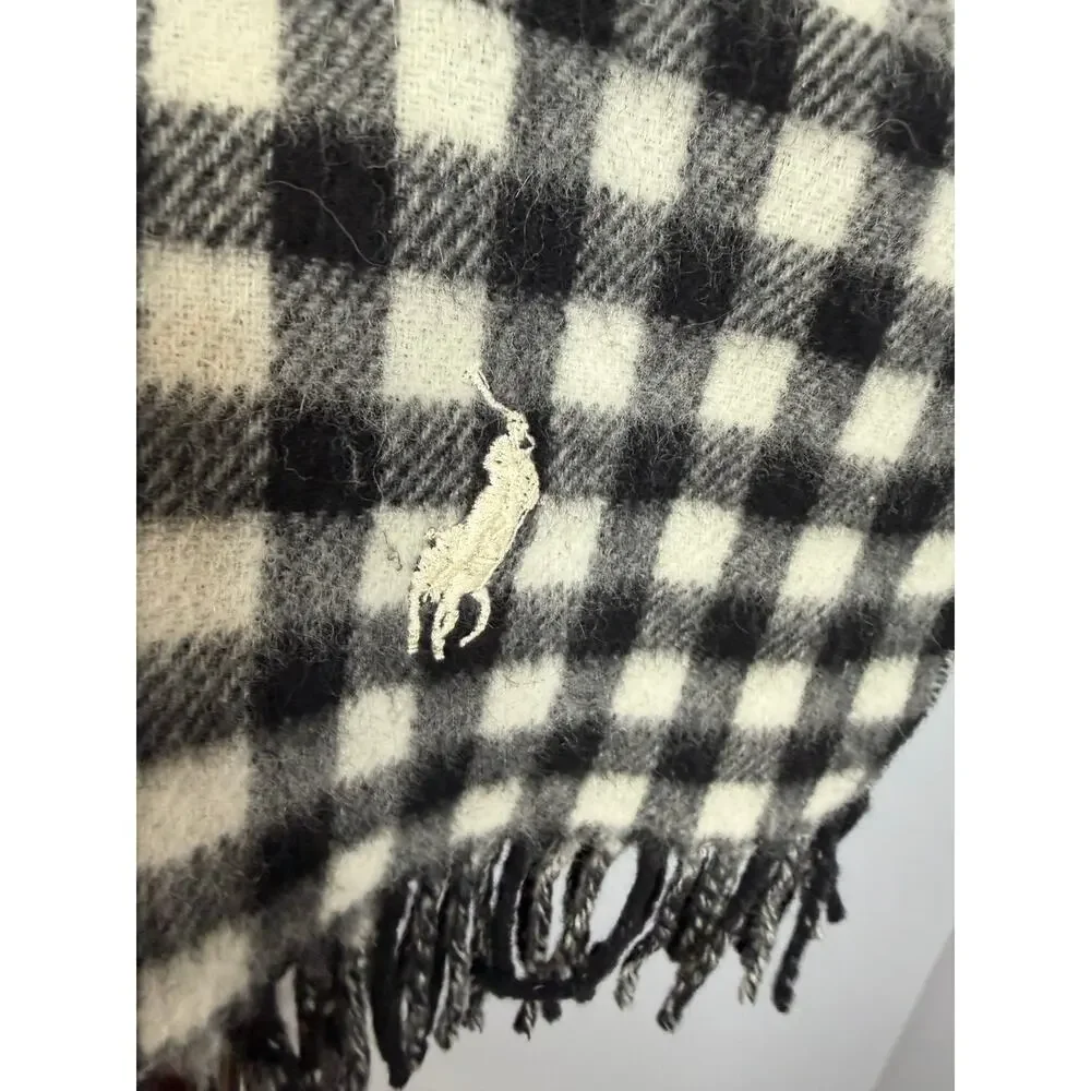 Polo Ralph Lauren Lamb Wool bBlack White Gingham Plaid Fringe Scarf New